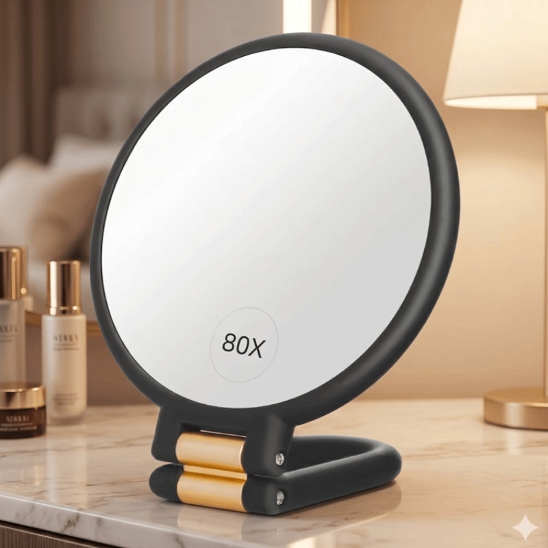 TEMU 80x Dual-sided Handheld Makeup Mirror, 1x/80x Magnification, 360° Adjustable Handle, 3-in-1 Desktop Hanging, Hd Lens, Portable Travel Mirror For