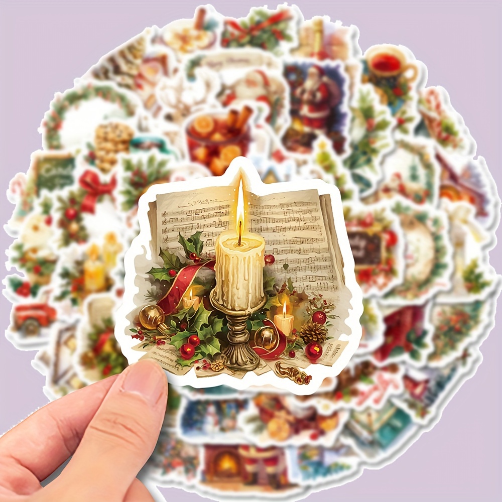 

50pcs Vintage Christmas Sticker Set - , Candle & For Laptops, Guitars, Skateboards & More - Vinyl Decals For Holiday Decor