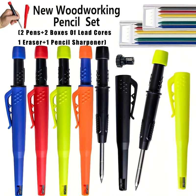 

Woodworking Pencil Set With Integrated Sharpener And Eraser, Deep Hole Marker Pens, Heavy Duty Construction Drawing Tools - Includes 2 Pens, 2 Boxes Of Lead Refills, Applicable Age 14+