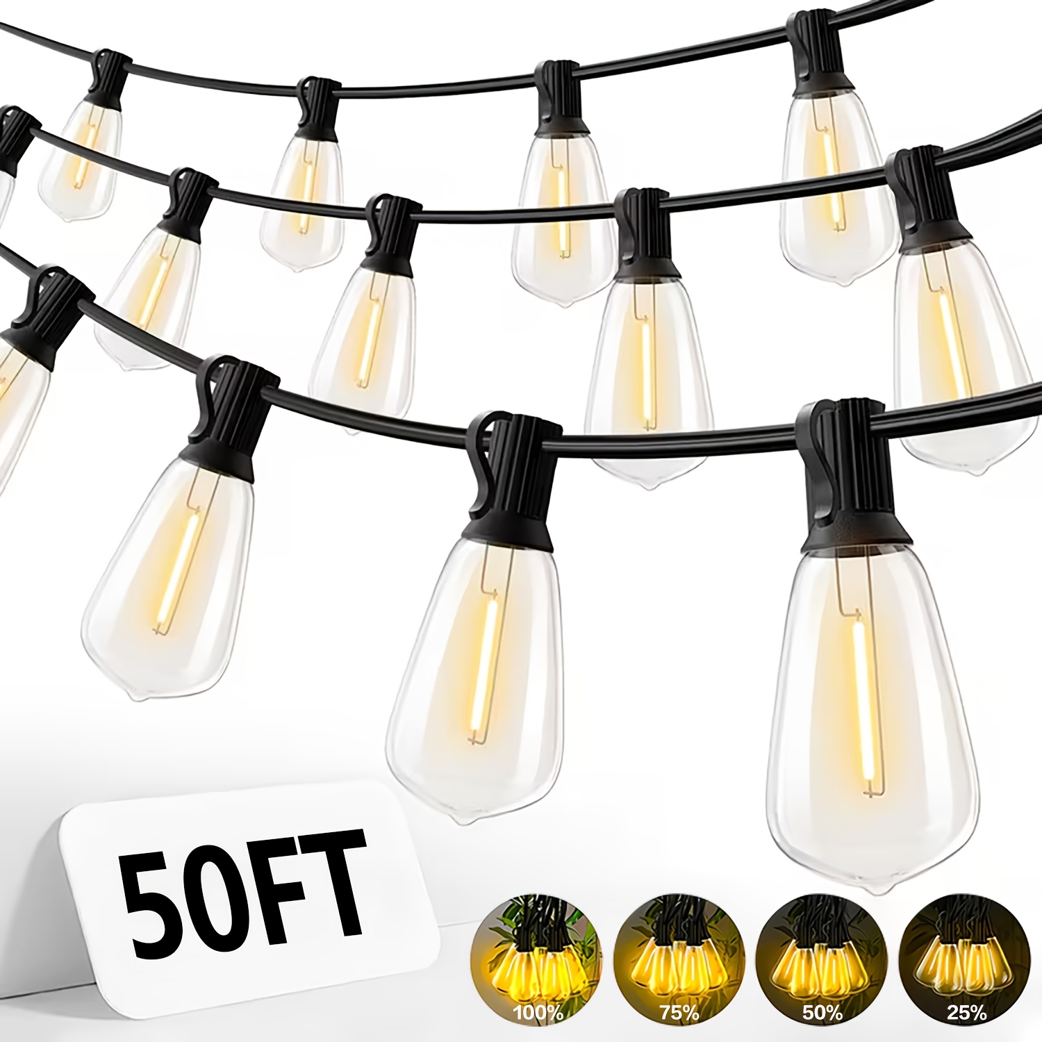IP44 Dimmable Warm White LED Outdoor String Lights with Shatter-Resistant ST38 Bulbs, Multiple Lengths 50 to 200 ft