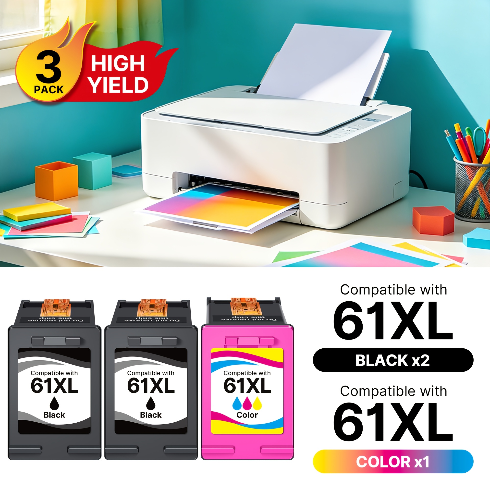 TEMU Cartouches d'encre de remplacement 61XL pour HP 61 XL (paquet de 3) pour HP61 pour hp61XL pour 4500 5530 4630 2540 4502 2542 4635 5535 4501 3050