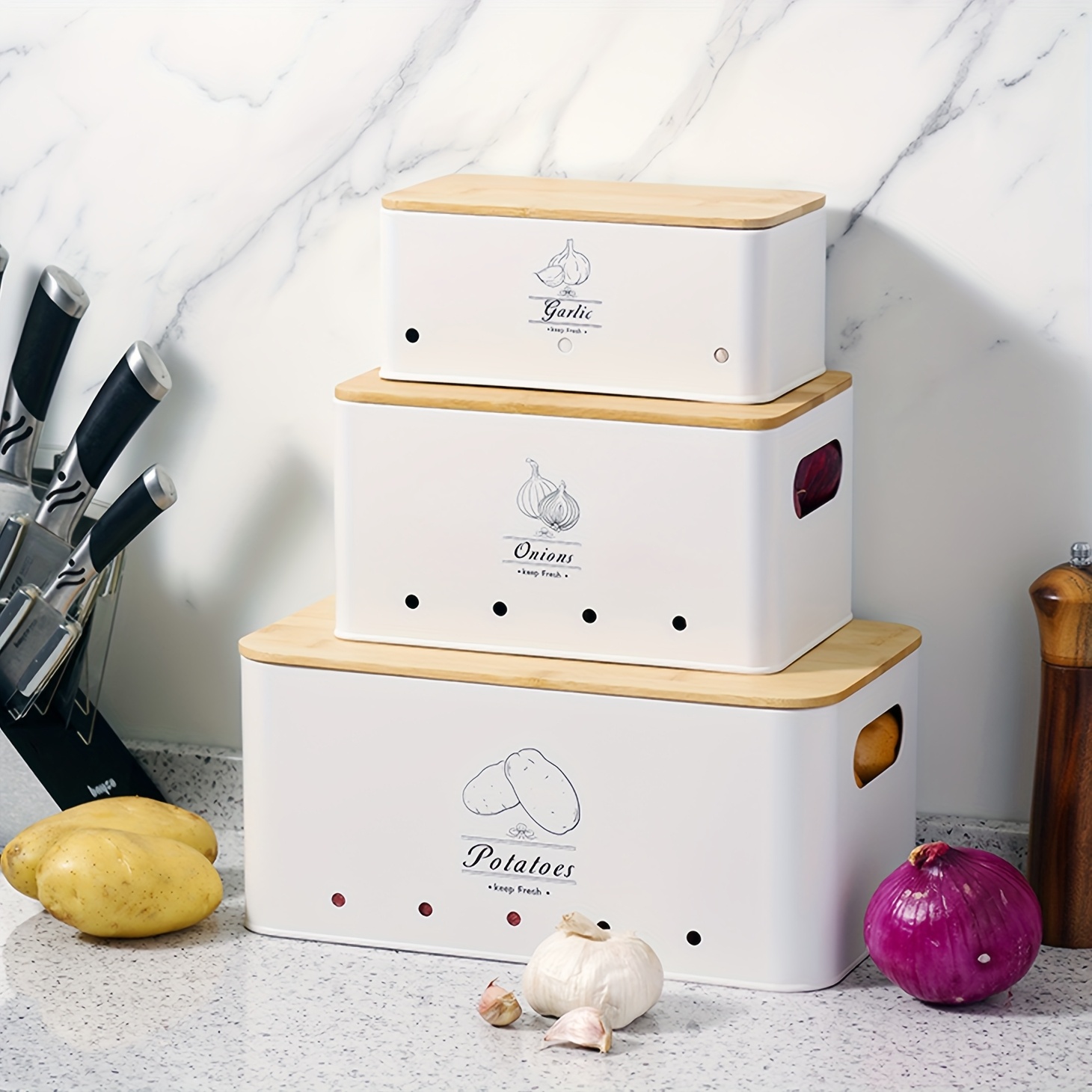 TEMU Potato Storage Box, Set Of 3 Storage Containers - Store Potatoes, Onions And Garlic - Keep Vegetables Fresh For - Potato Bin, Onion Bin And