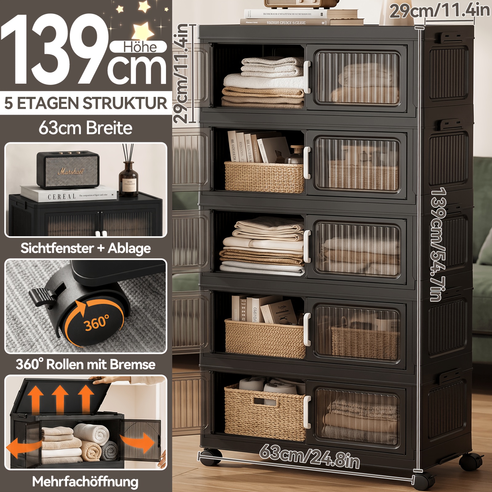 TEMU Armoire de rangement à 5/4/3 niveaux avec roulettes, armoire de rangement pliable et couverte, mobile, convient pour les armoires, de bain,