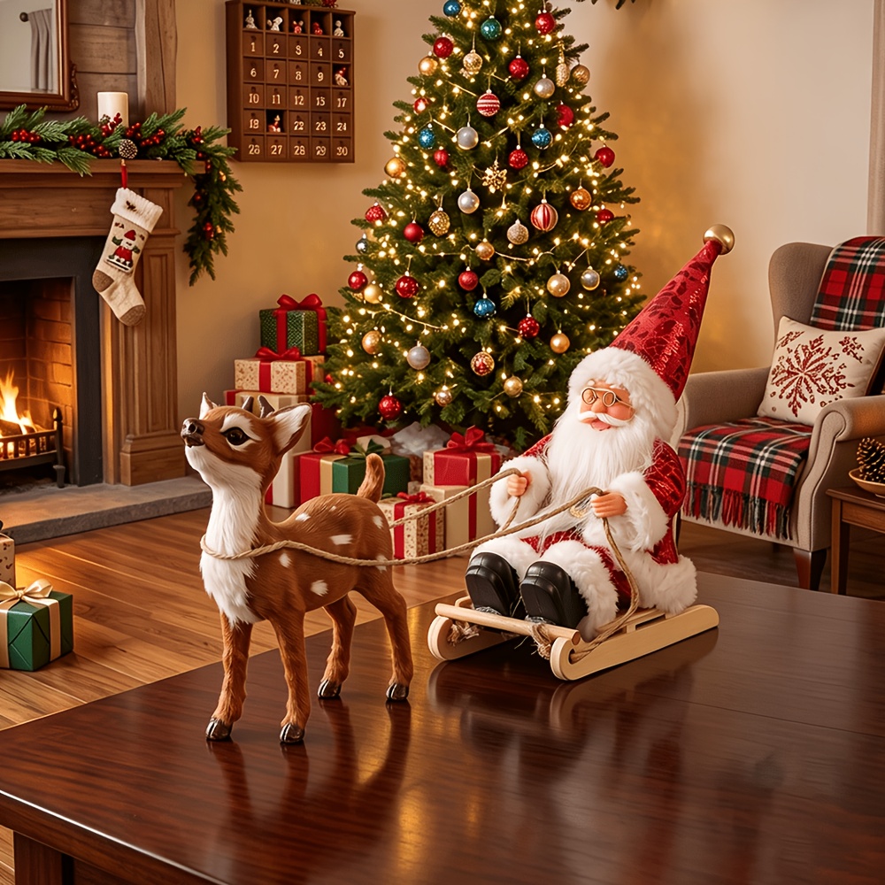 TEMU Christmas Desktop Decor Adorable Spotted Reindeer Figurine And 1 Wooden Sleigh Santa Claus, Farmhouse Style Fireplace Table Decoration, Perfect