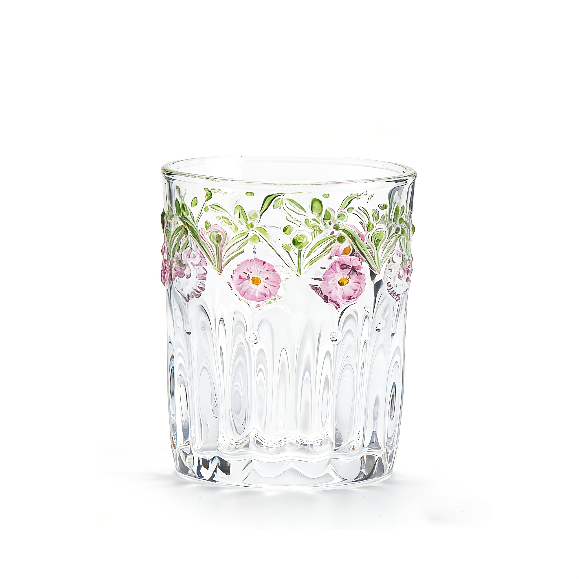 TEMU 1pc Cute Embossed Glassware | Crystal Glass Material | Floral Pattern Glass Cup, Suitable For Juice, Iced Coffee, Beer, Cocktails, Whiskey,