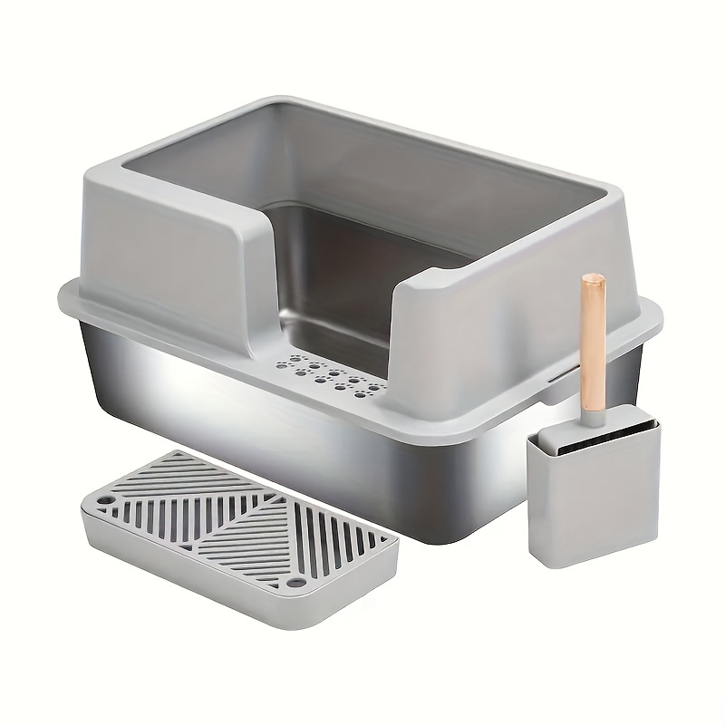 

Stainless Steel Large Capacity Cat Litter Box With Shovel, Easy To Clean Odor Control Open Litter Basin