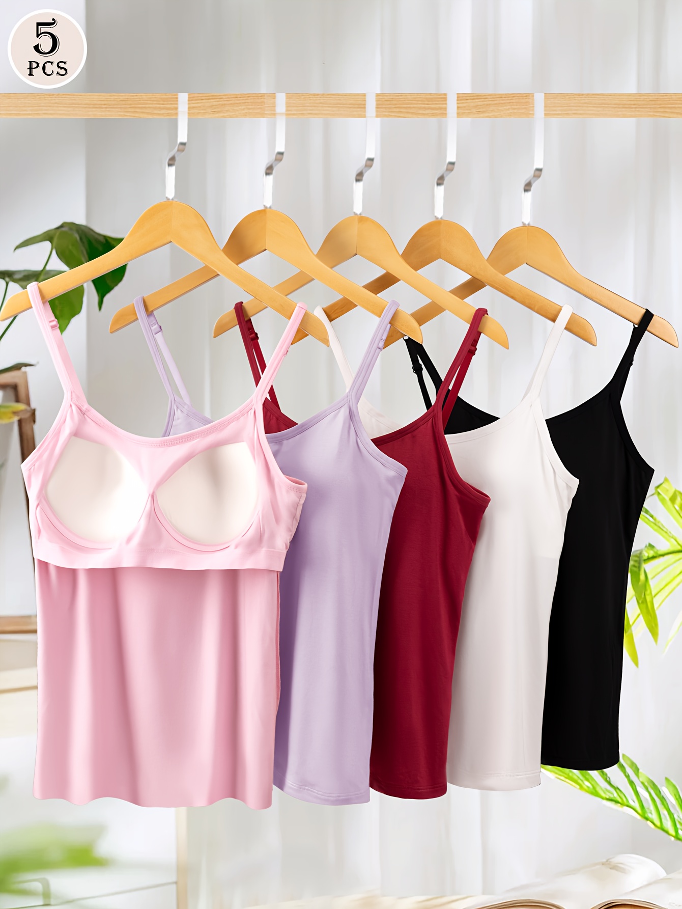 a set of five womens camisole tank tops with built in breast pads   are comfortable and casual suitable for wearing all year round and     either as outerwear or innerwear