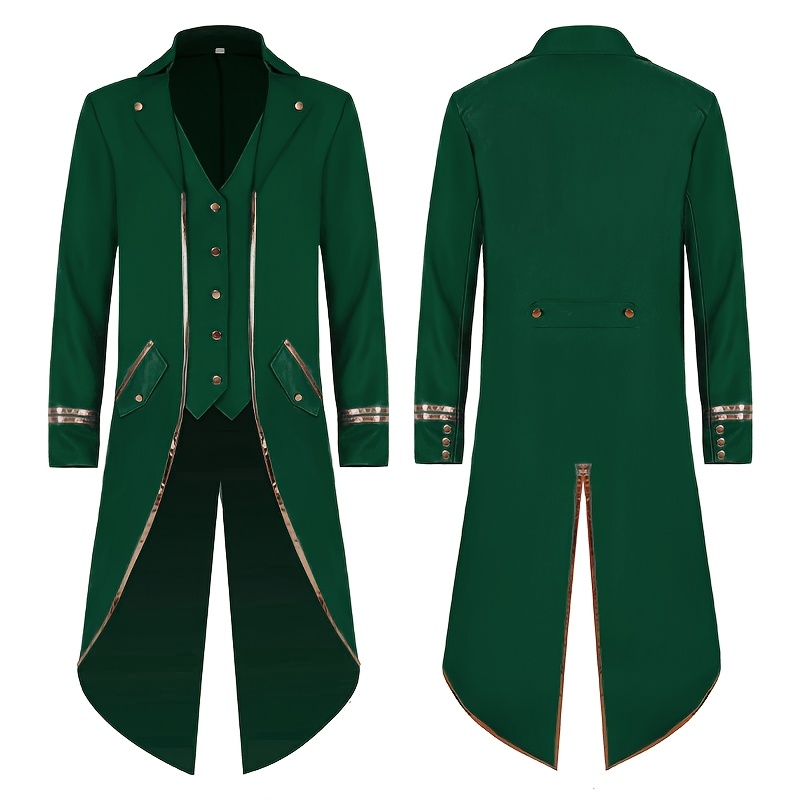 Vintage-Inspired Mid-Length Tuxedo Coat with Golden Trim - Black Retro Punk Style for Halloween, Stage Performances & Themed Events, Stage Performance Attire | Ornate Golden Detailing | Polyester Fiber Coat