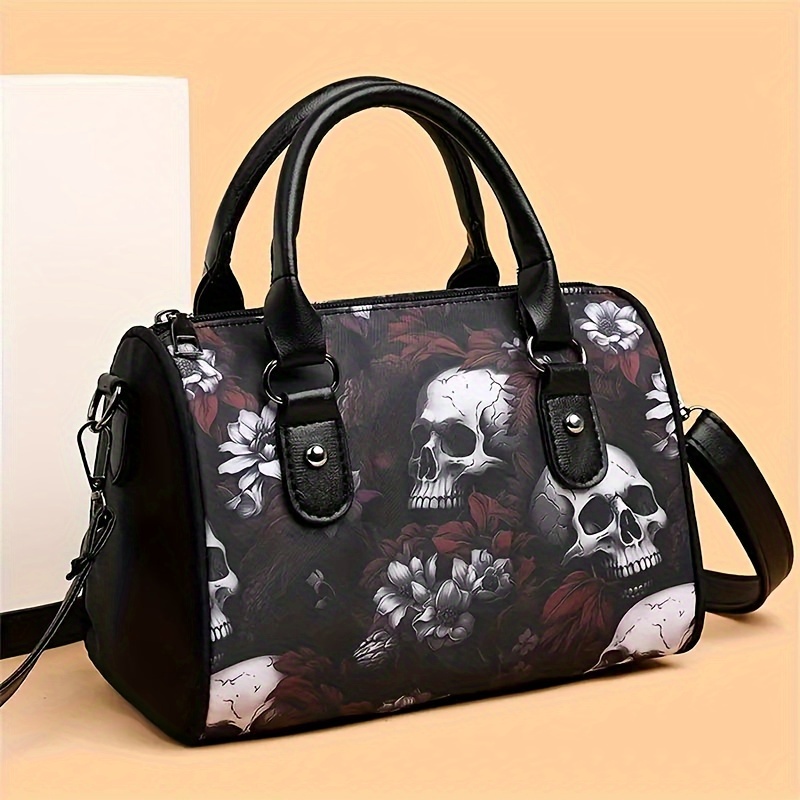 

Punk Style Women's Mini Crossbody Bag With Skull Motif And Floral Pattern – Lightweight Nylon Shoulder Bag With Adjustable Strap, Zipper Closure, And Polyester For Daily And Travel