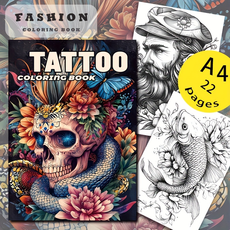 

Deluxe Tattoo Art Coloring Book For Adults - 22 Pages, Design, Perfect Gift For Halloween, Christmas & Birthdays