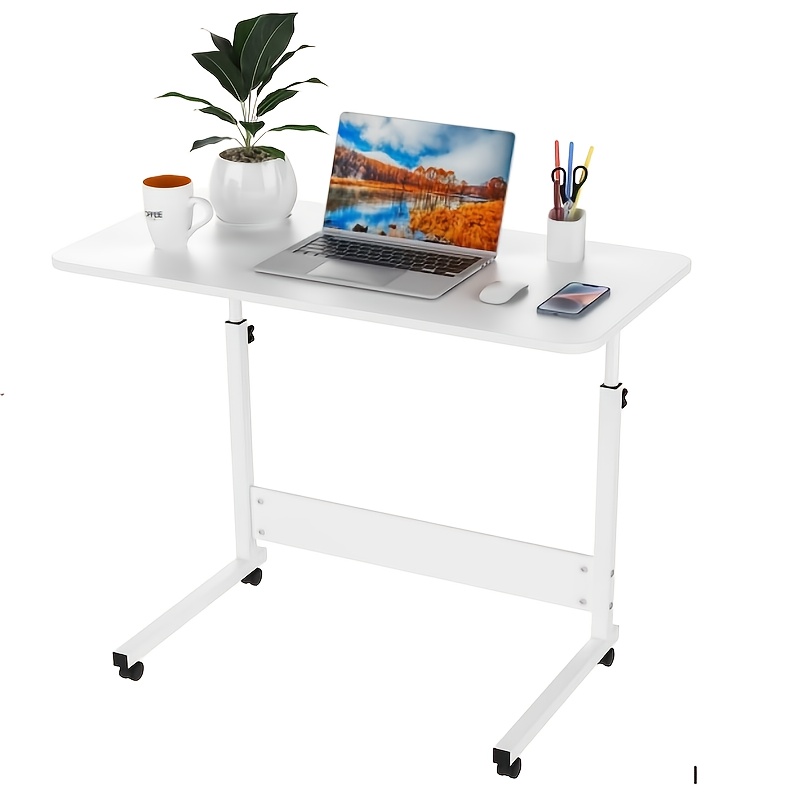 TEMU Adjustable Height White Rolling Standing Desk - Portable Sit-stand Laptop Table With Wheels, Ergonomic Overbed Cart For Home Office, 80x40cm,