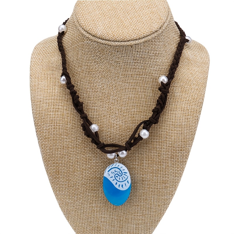 

1pc Bohemian Style Resin Pendant Necklace With Pearl Accents And Braided Cord – Dark Brown With Light Blue Pendant, Parties, Events, And Casual Attire