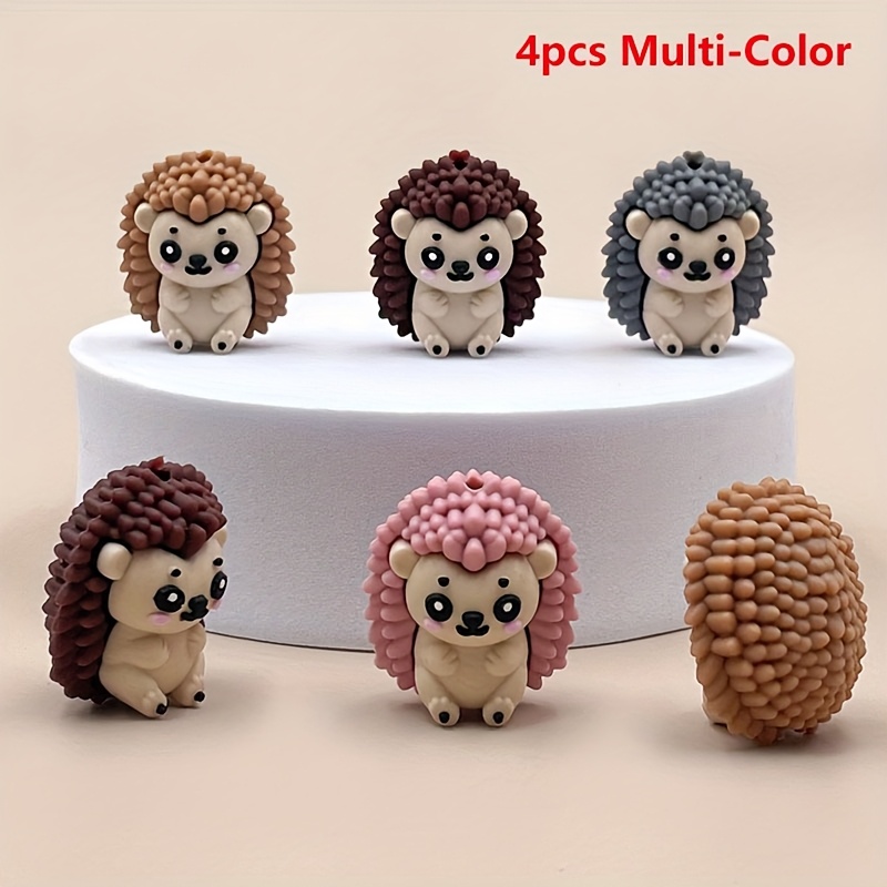 Image of 4pcs Of 3d Silicone Animal Beads, Hedgehog Design, Mixed Colors Suitable For Making Beaded Pens, Crafting Bracelets, And Decorating Pendants And Beads