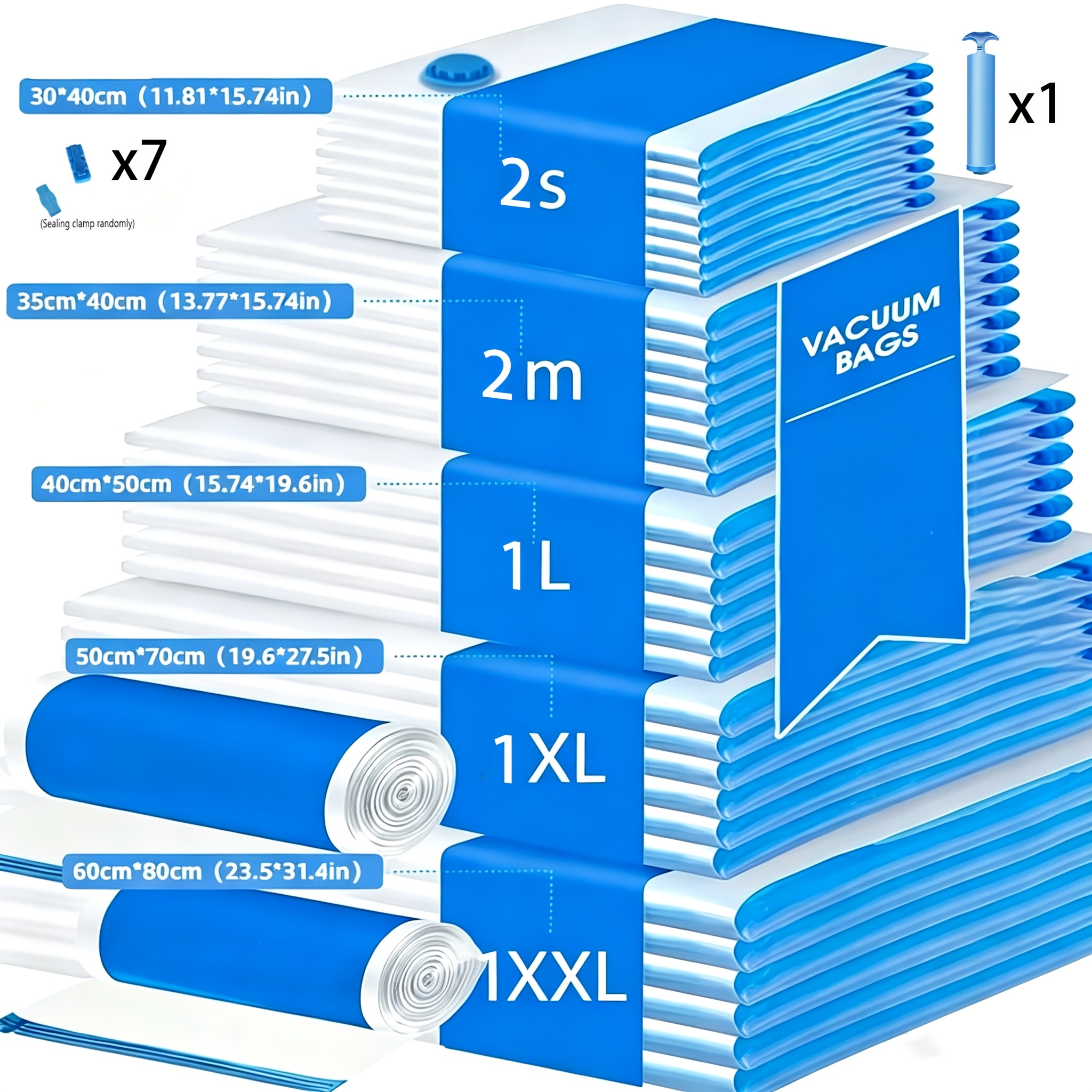 TEMU Sada 15 ks vakuových úložných sáčků: 7 vakuových kompresních sáčků, 7 uzavíracích sponek a 1 ruční pumpa. Různé kombinace designů, vylepšený