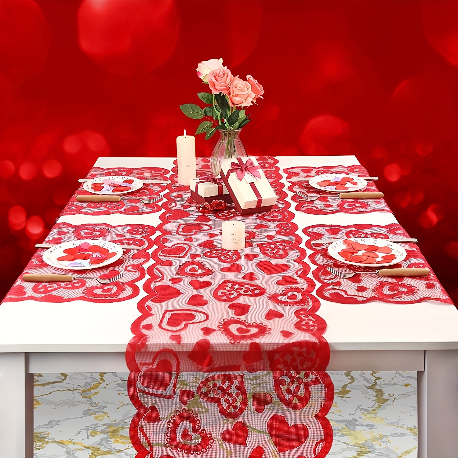 

5pks Polyester Lace Knitted Jacquard Valentine's Day Party Table Decoration Table Flag Romantic Wedding Tablecloth And Placemat Set Decorative Cloth