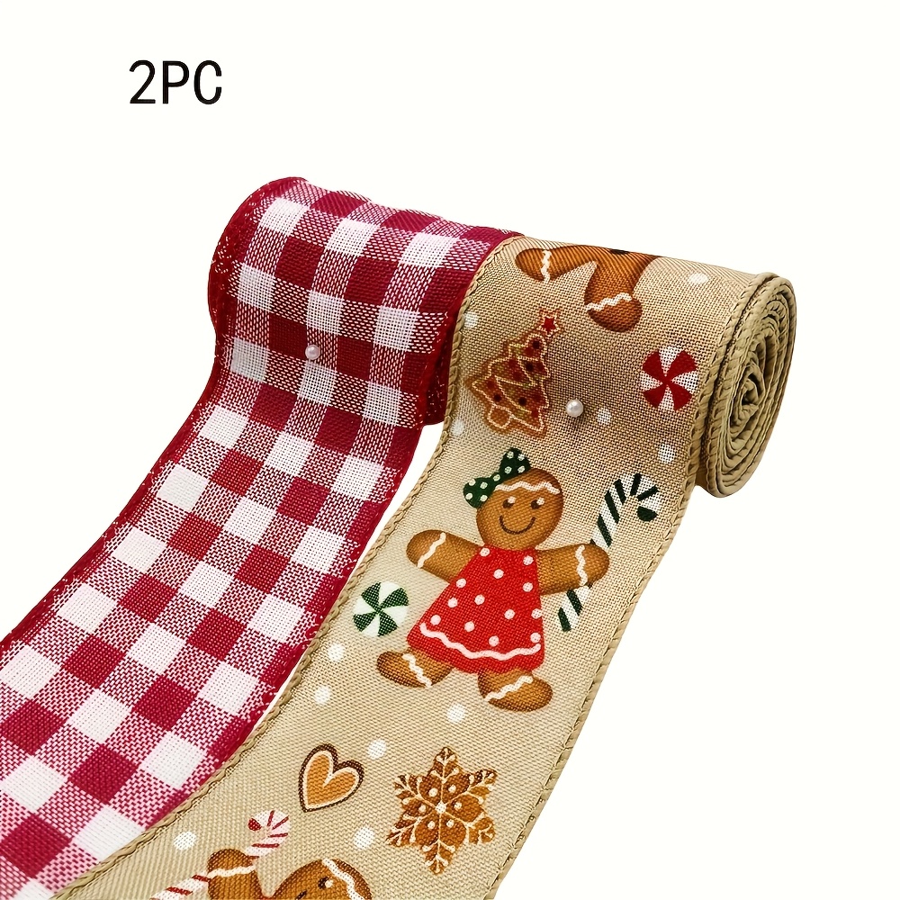 TEMU Nœuds et 2 Rouleaux Ensemble de de Bord Dorés de Noël, 2,5 pouces, Homme d'Épices, Bâton de Noël et Ruban à Carreaux Rouge et Blanc pour