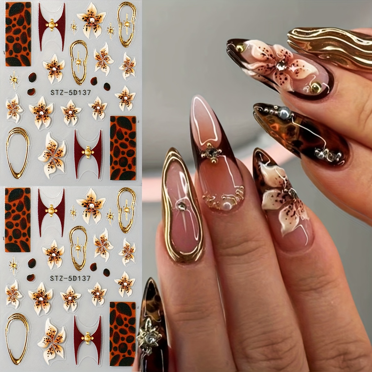 2 Sheets French Jelly Flower Nail Stickers, Summer Autumn Floral Brown 5d Embossed Edgy Leopard Gradient Art Decal Supplies Accessories For Women Manicure Diy Decoration