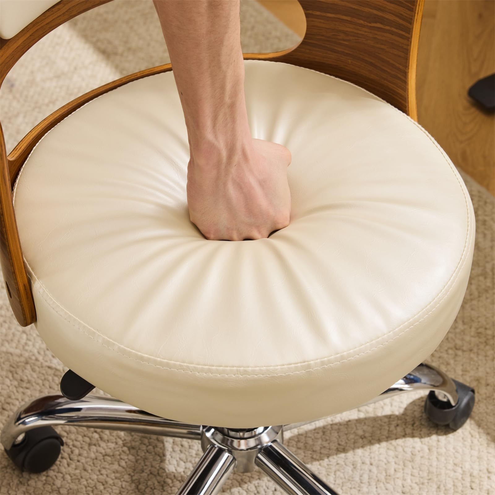 Bonnlo Adjustable Height Home Office Chair - Armless Swivel Desk Chair with Manual Height Adjustment, Curved Walnut-like Backrest, White & 5-Star Base-Like Stability (No Wheels) for Small Spaces, Study, Computer Desk - Space