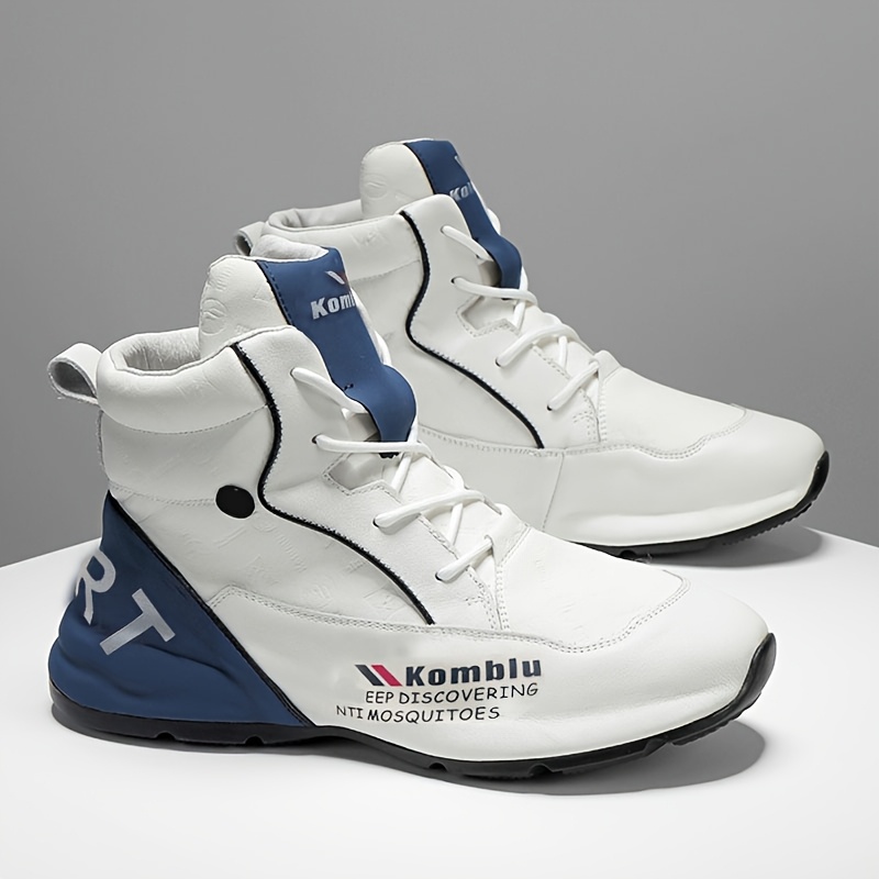 Men's High-Top Casual Sneakers - White & Blue, All-Season Comfort, Lace-Up Sneakers with Non-Slip PVC Sole, Round Toe, PU/Fabric Upper, Perfect for Casual Attire, High Top Sneakers