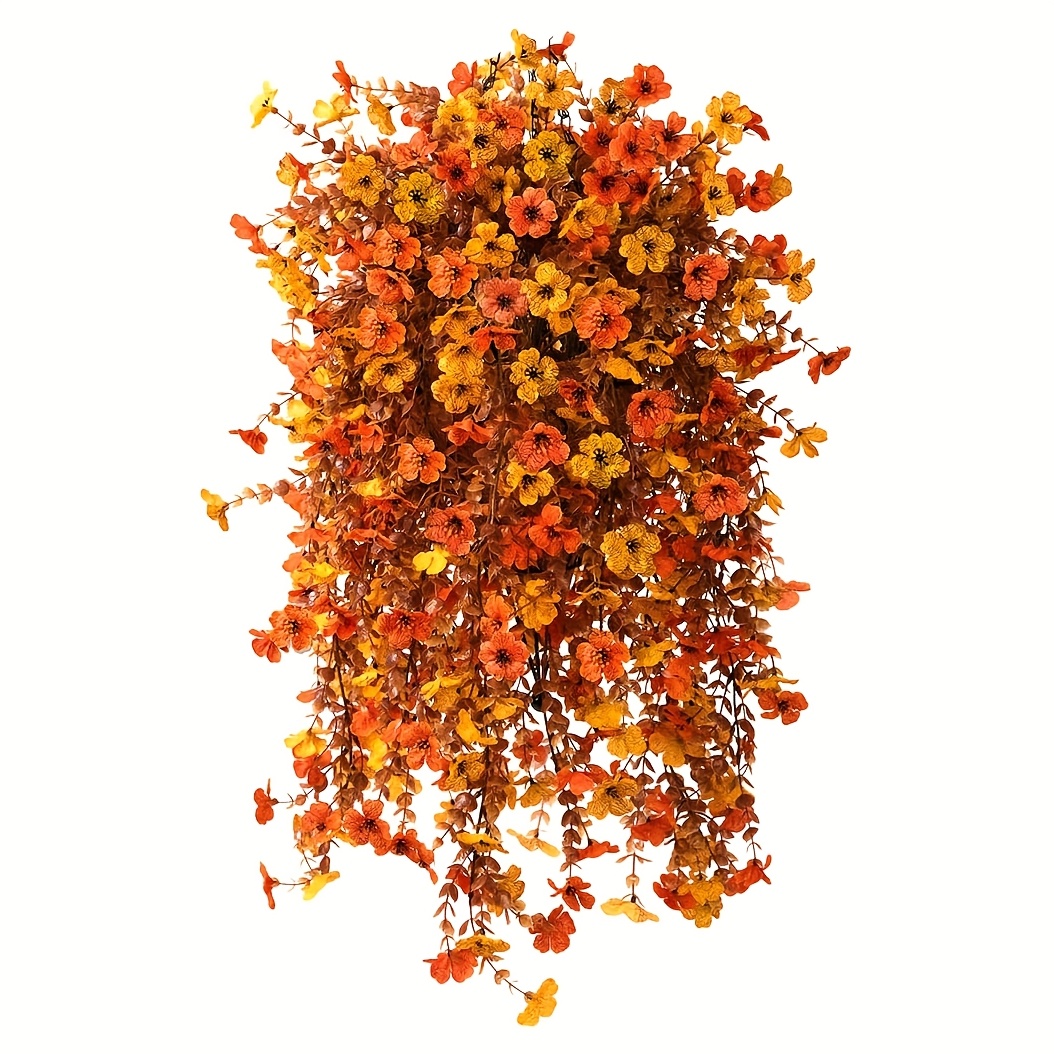 5pcs Artificial Hanging Daisy Shrubs - Fade-Resistant Plastic Outdoor/Indoor Decor with Orange & Brown Flowers, No Maintenance Farmhouse Hanging Basket for Weddings, Thanksgiving, Garden Decorations, Seasonal Display,   Thanksgiving, Fall Decorations, Artificial Outdoor Flowers, Wedding Decor, Rustic Charm, Durable Plastic, Decorative Flowers,  