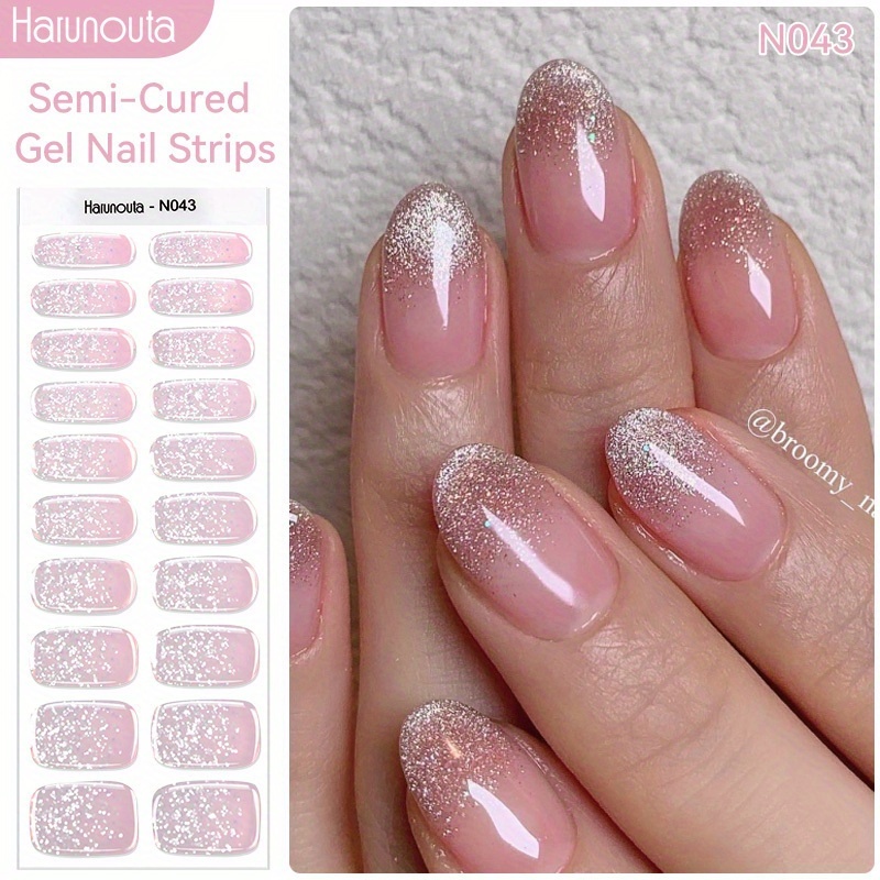 Harunouta 20strips Semi Cured Gel Nail Strips Jelly Nail Stickers Glitter Gel Nail Wraps Light Curing Manicure Nail Art Sticker, Single Use Bling Nail Decoration For Party