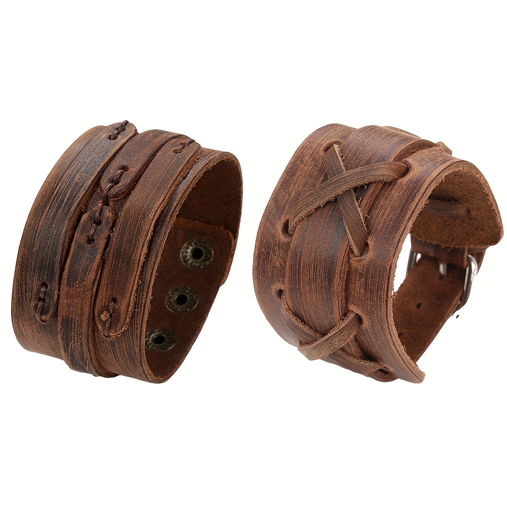 Image of 2pcs Trendy Jewelry Vintage Handmade Woven Smooth Genuine Leather Bracelet Men Personalized Cuff Wide Leather Bracelet Cuir Homme
