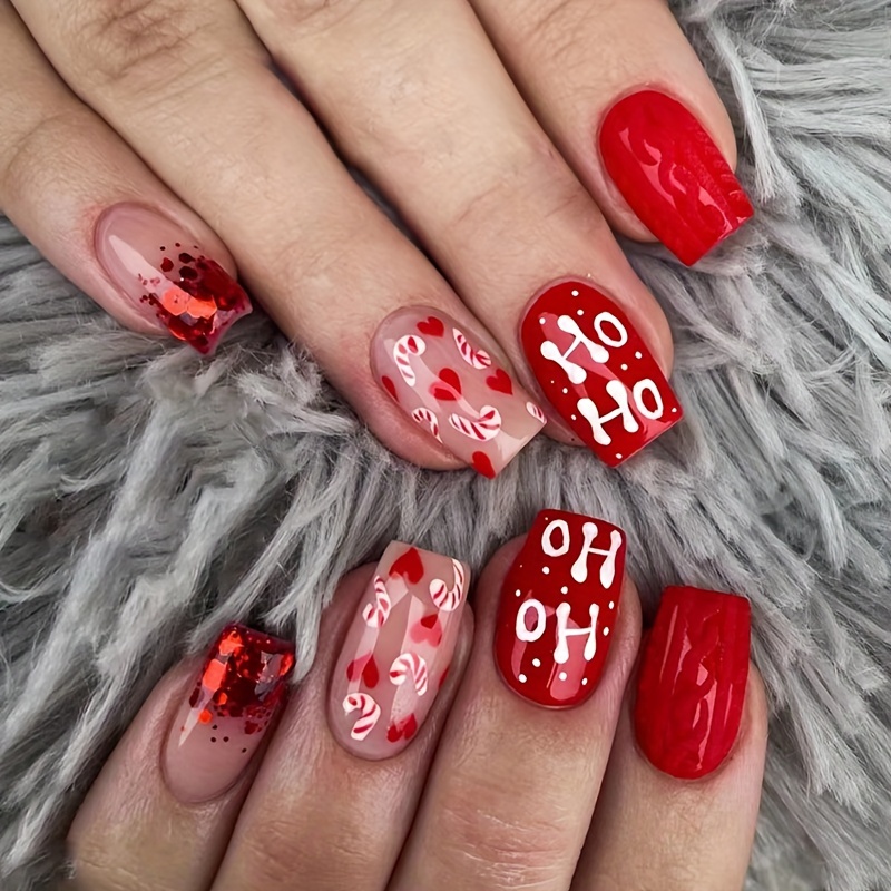 

24pcs Christmas Press-on Nails Set - Short Square, Glossy With Festive Red & Mixed Colors, Includes Jelly Adhesive & Nail File