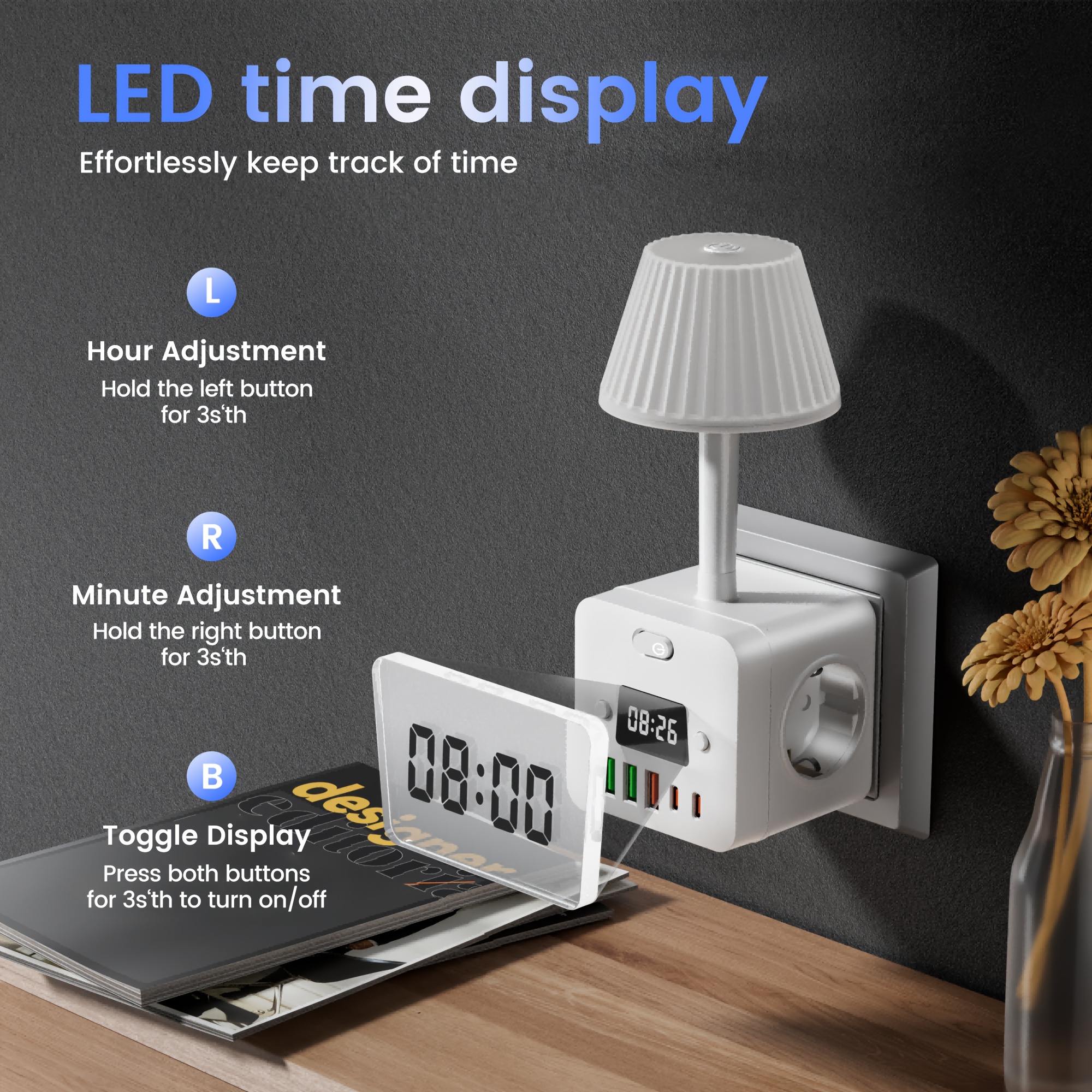 10in 1 power alarm clock with 2 usb c desktop charging station 3 ac power outlets 3 usb a power cord with protector for setting for bedroom dorm room Product details 3