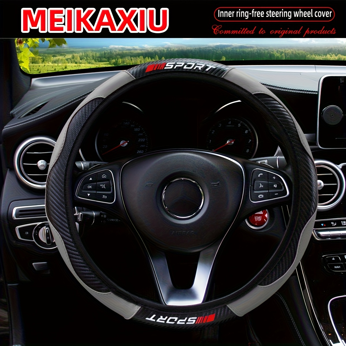 Elastic Car Steering Wheel Cover with Carbon Fiber Red SPORT Logo, New Decorative Accessory Suitable for 37-38Cm Car Products