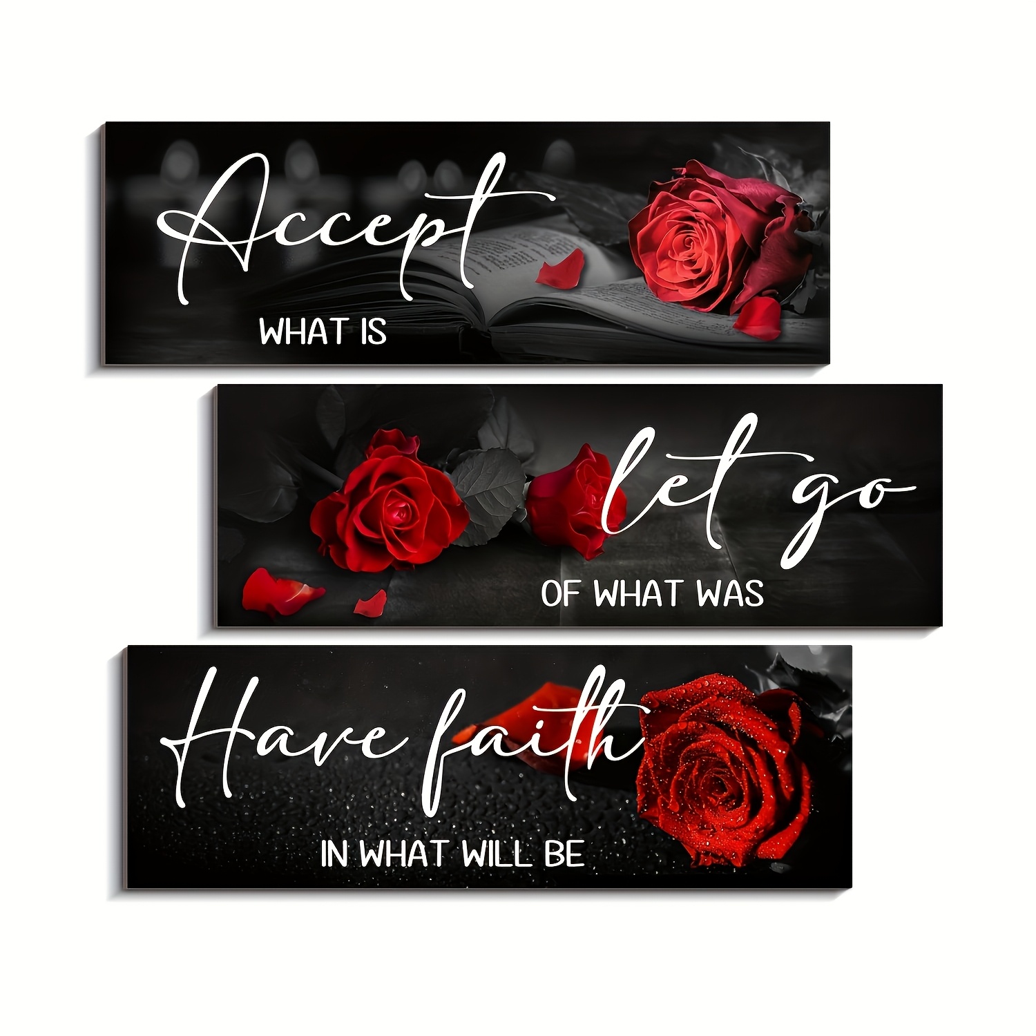TEMU 3pcs Red Rose Wall Panels Compatible For Farmhouse Style - Artificial With "let Go & " Quote - Flower D&eacute;cor For Bathroom, Living Room, Bedroom - Installation (no Tools)