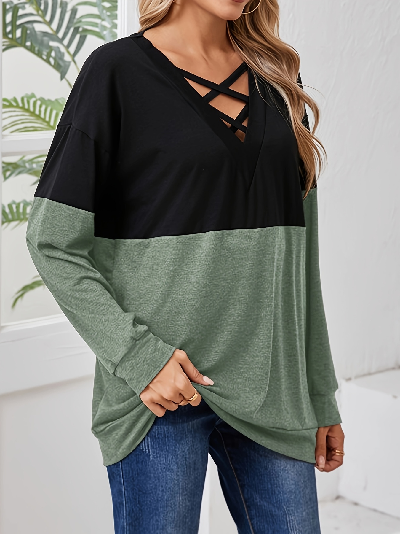 Plus Size, Women's Casual Long Sleeve T-Shirt - Color-Blocked V-Neck Cross-Strap Design, Black & Olive Green, Machine Washable, Spring Summer Fall Essential, Everyday Outfit, Stylish Pullover, Comfortable Fit, Pullover Top, Casual Attire