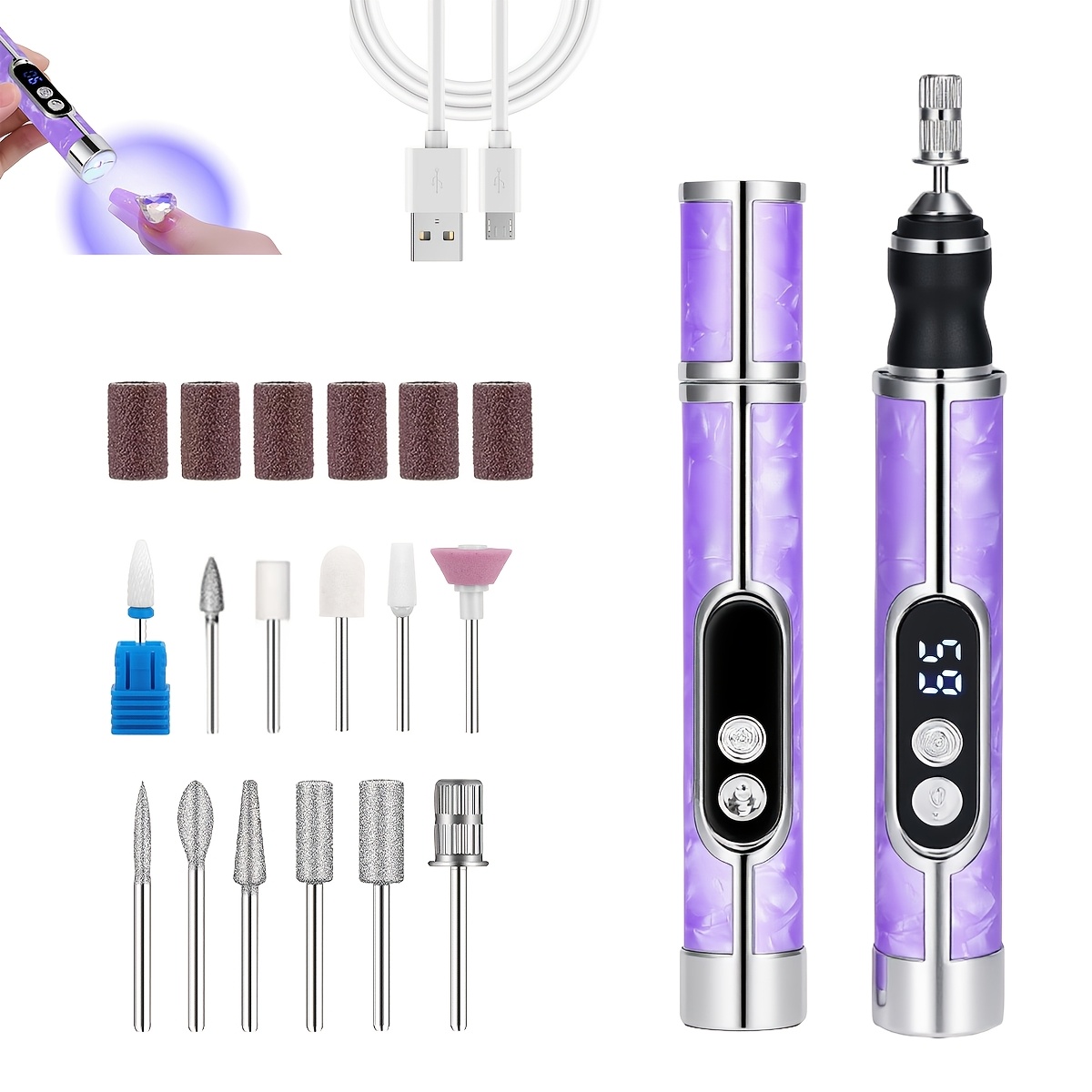 Hotu Professional Electric Nail Drill Kit, Rechargeable Portable Nail File With Led Display & Light, 12pcs Drill Bits For Acrylic Nails, Manicure Pedicure For Salon Home Use