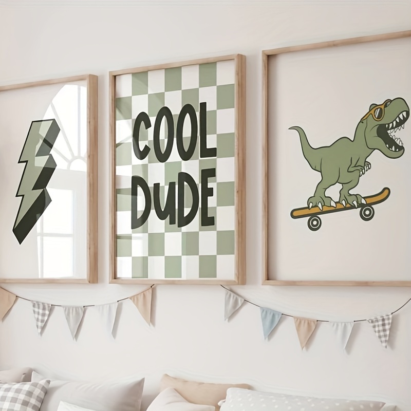 

3pcs Dinosaur Painting Canvas Prints Dinosaur Skateboard Decor For Wall Decor No