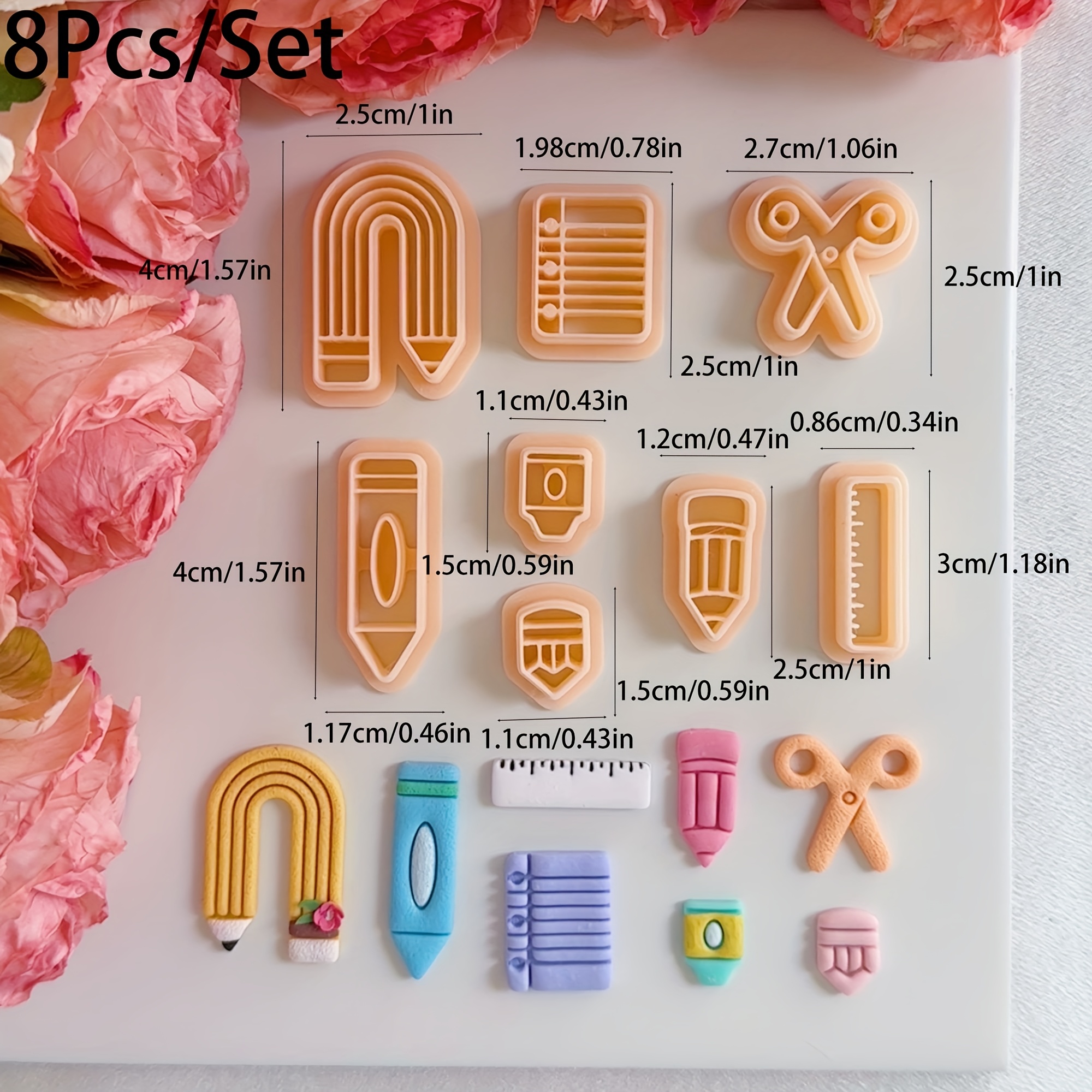 E-shop 8-teiliges Set "Zurück zur Schule" Notizbuch/Lineal/bleistift/Kreide/Schere Form Polymer Clay Cutter für Ton Ohrringe Schmuckherstellung