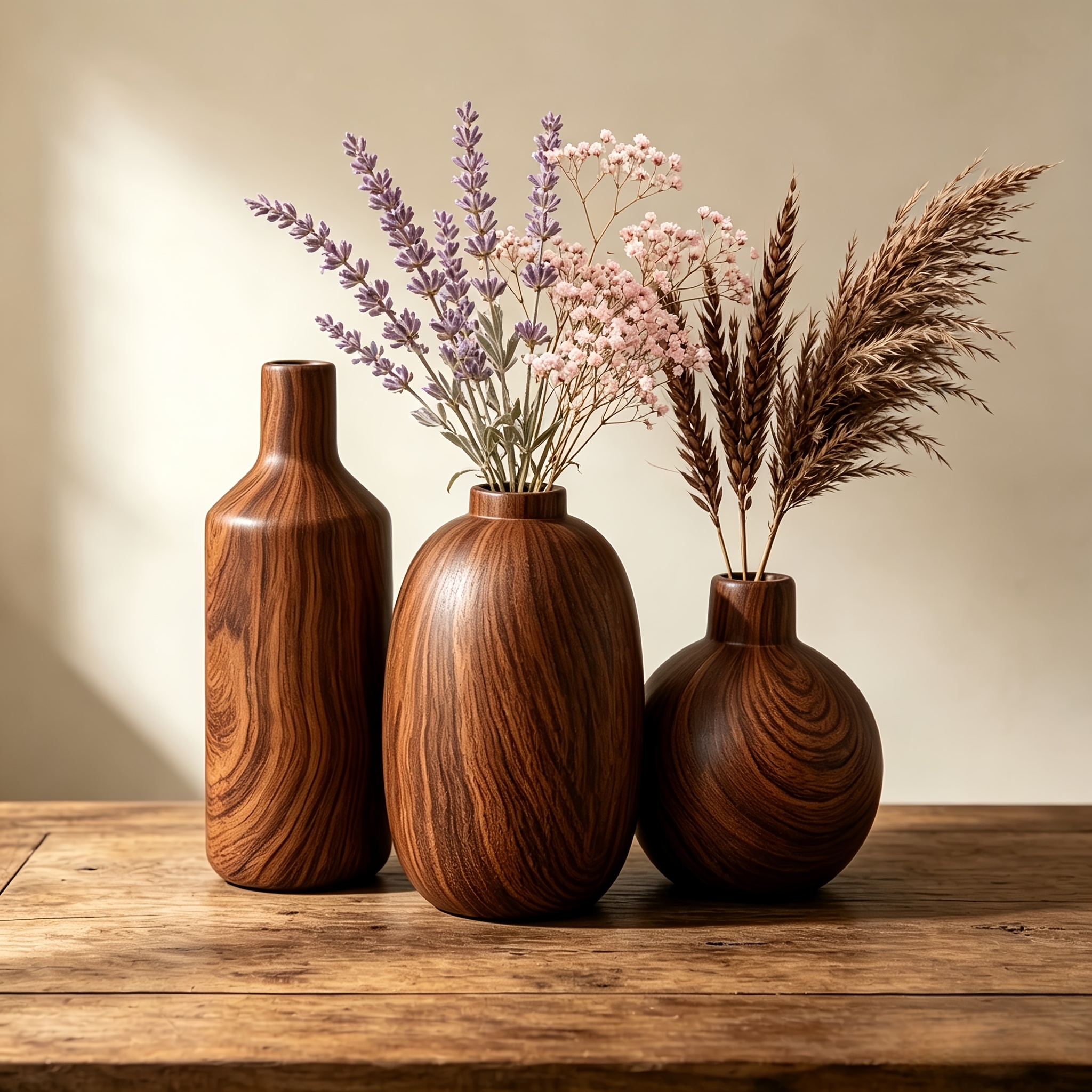 3pcs Wood Grain/Stone Texture Ceramic Vase Set Wabi-Sabi Decorative Flower Pot Ornament Japanese Rustic Style Desktop Home Resident B&B Soft Decoration Dried Flower Arrangement Floral Art All-Match Premium