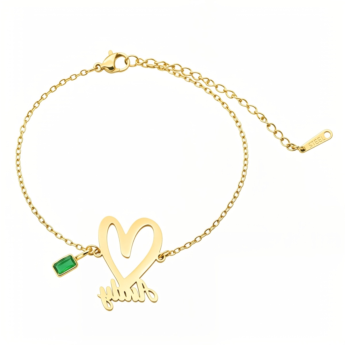 Women's Custom Heart Name Bracelet with Green Crystal Charm