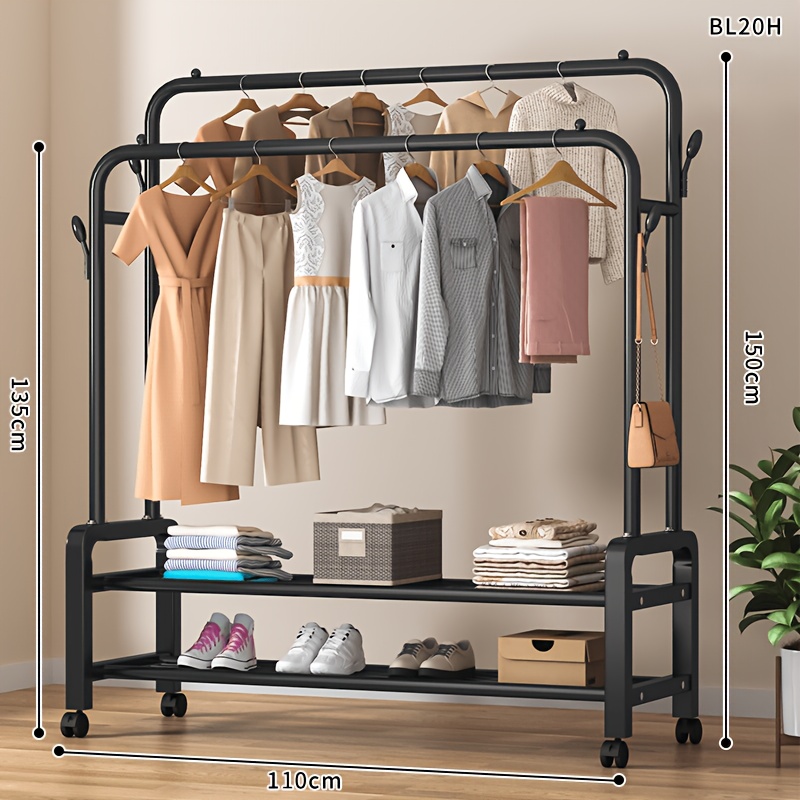 Sturdy Metal Double-Rail Garment Rack with Wheels -Portable Clothing Rack with Shelves And Hooks -Heavy-Duty Clothes Hanger Stand- Multifunctional Bedroom Closet Organizer -Black