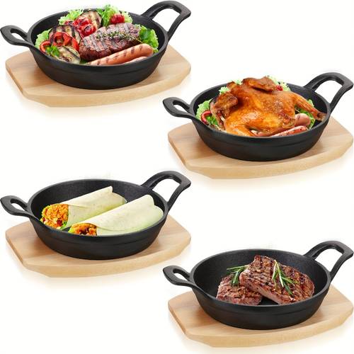 4 sets mini cast small cast iron plates with wooden base small plate pot for baking cooking 3 9 inch