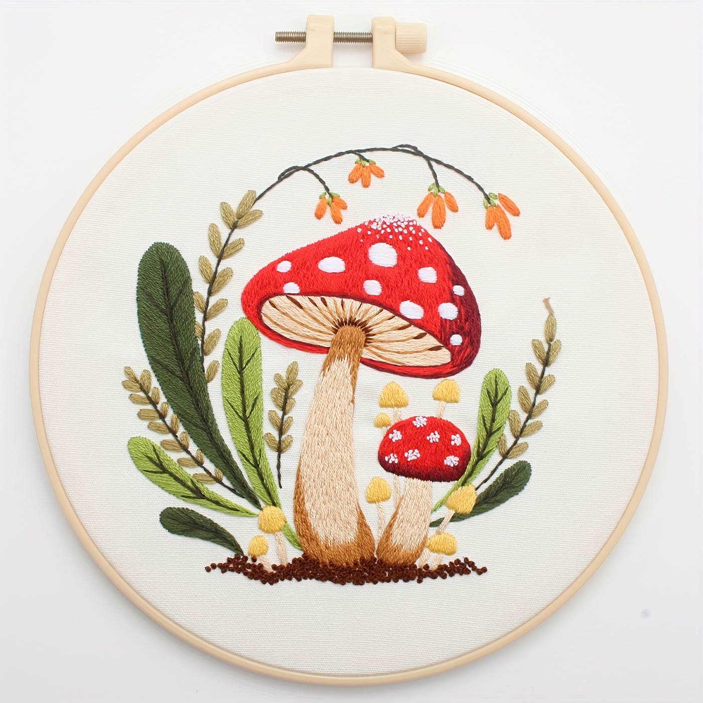 

Mushroom And Plant Embroidery Kit: Diy Hand Embroidery Materials Package - Seasonless, Polyester, Mixed Colors