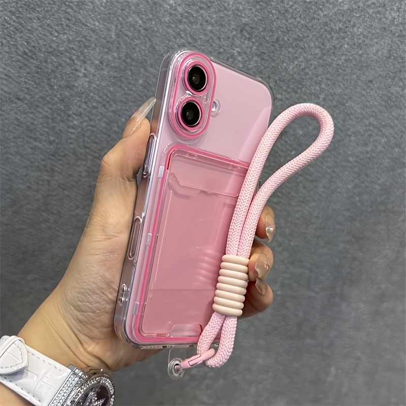 TEMU para teléfono: Carcasa trasera de gelatina transparente color caramelo con ranura para tarjetas y cordón corto para iPhone 18 Pro Max 17 Air 16
