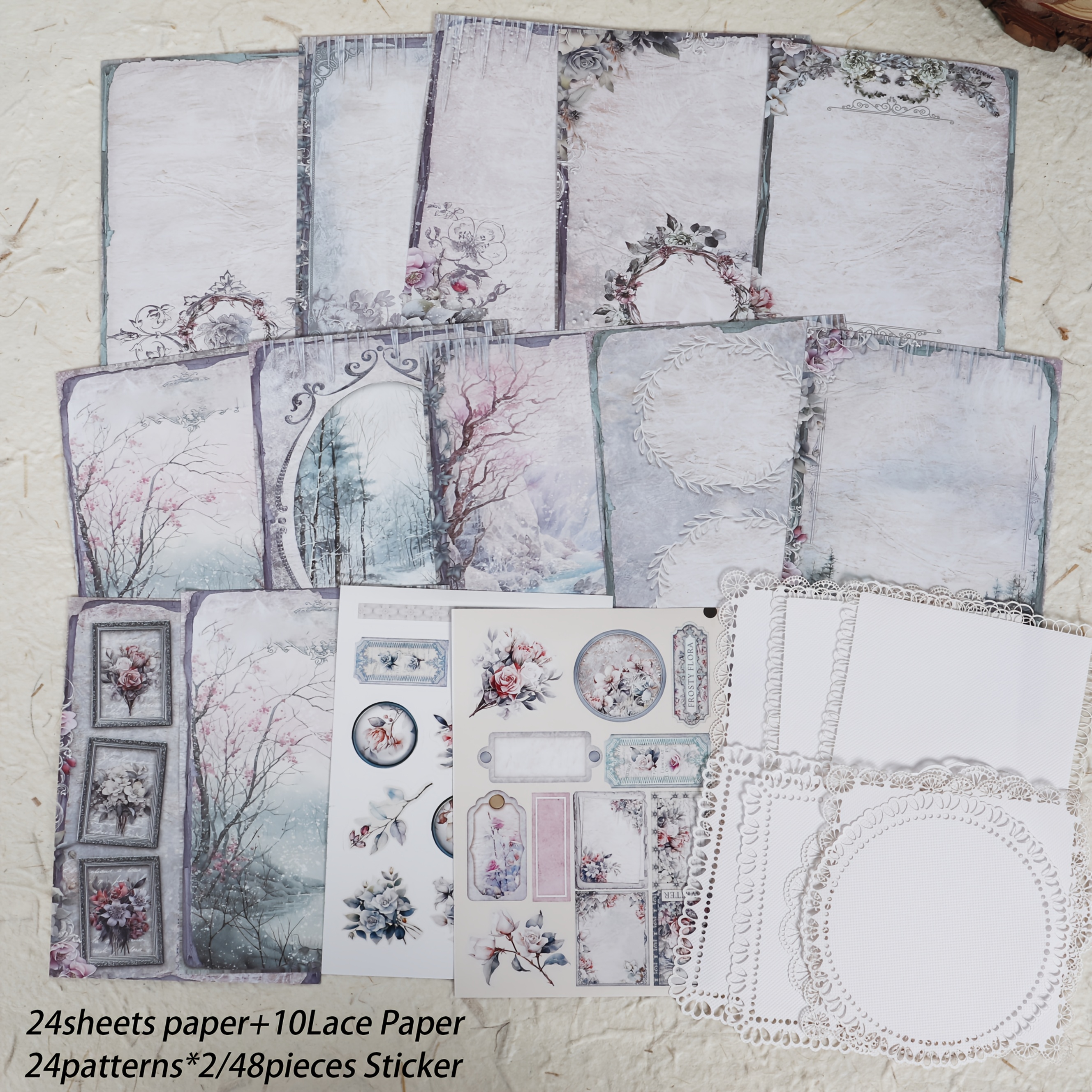 82pieces(34paper+48stickers) Romantic Scenery Diy Hollow Lace Handmade Decorative Paper Set,for Arts Crafts, Supplies,diy Crafts,background Pad,holiday Decorations,crafting, Junk Journal, Paper