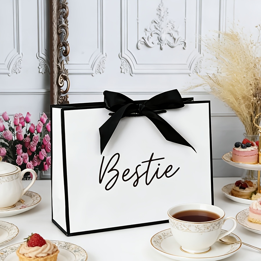 E-shop Geschenk für Sie/Ihn 1 Bestie-Geschenktüte – Elegante „Bestie“ in trendiger Schriftart – Papier-Geschenktüte mit schwarzer Schleife aus Band –