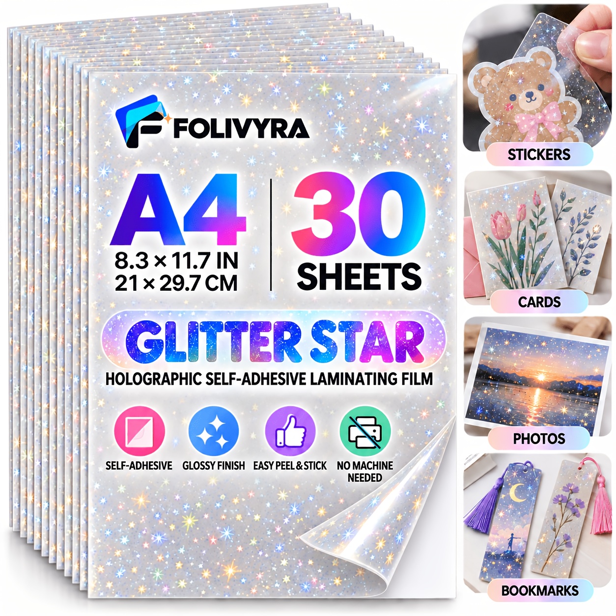 TEMU 30 Blatt A4 8,3 × 11,7 Zoll Glitzerstern holografische selbstklebende Laminierfolie, funkelnde klare glänzende Überzugsfolien, Abziehen &