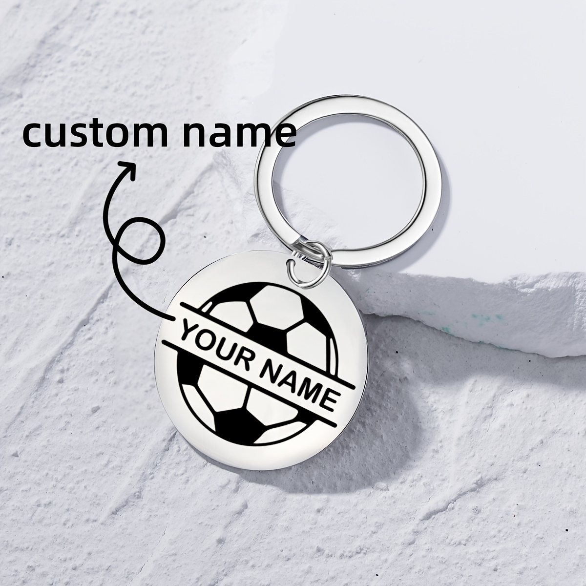 

1pc Personalized Soccer Ball Keychain, Name Stainless Steel Metal Keyring, Sporty Football Fan Gift, Silvery Grey