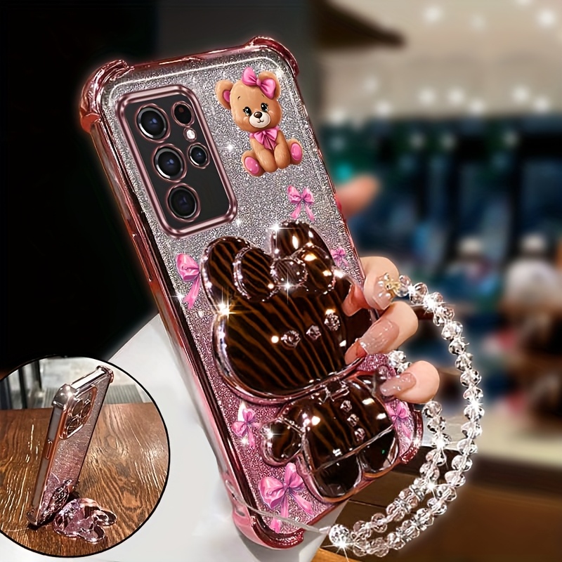 TEMU Phone Case: Fashion Cute Bear Shiny Wrist Strap Lanyard Rabbit Glitter Phone Holder Case For Galaxy S22 Ultra 5g Anti-knock Shock Proof Back