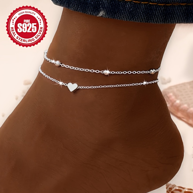 

925 Sterling Silver Anklet For Women Double Layer Love Cross Beads Anklet Summer Beach Anklet