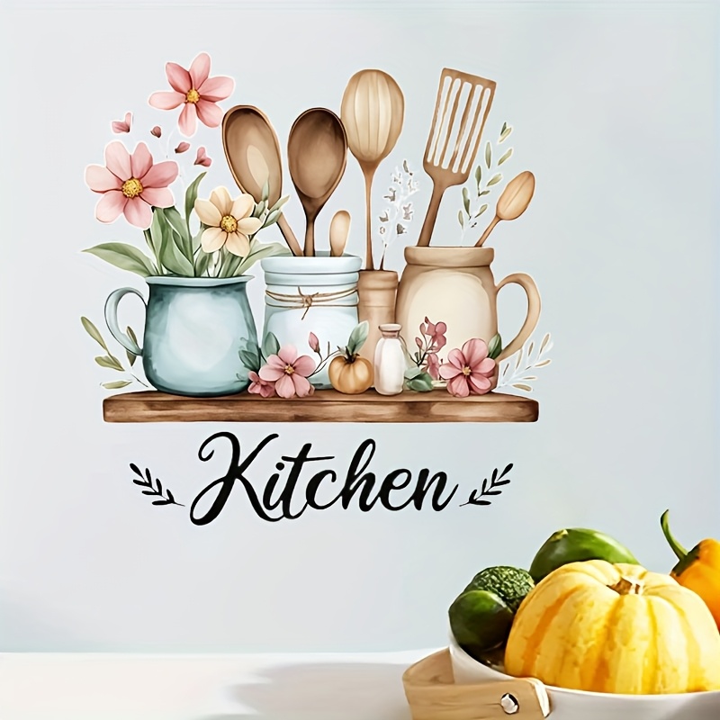 Kitchen Wall Sticker - Spice Jar Floral Pattern, Self-Adhesive Decal