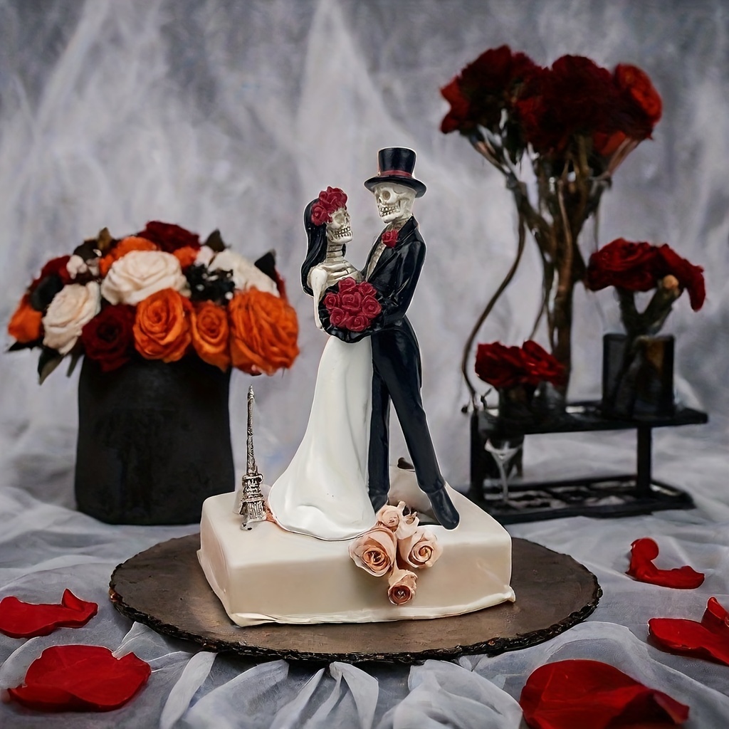 Image of Collectible Hand-painted Figurine Of A Dancing Skeleton Couple For Valentine's Day, Of The Dead, Perfect For Gothic Lovers As A And Groom Statuette For Halloween