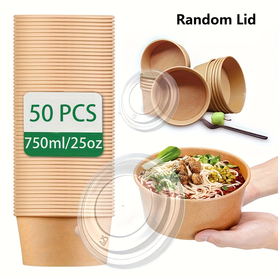 Image of 25 Oz(750ml) Paper Bowls With Lids- 25/50pcs, Disposable Tableware For Hot/cold Foods, Soups, Salads- Essential For Parties , Secure Lids, Suitable For Kitchen Storage And Freshness.