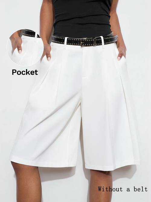 womens elegant and simple casual shorts new business fit long length shorts casual wear beachwear vacation wear length pants with pockets